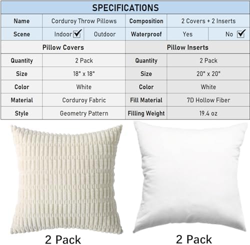 2 Pack Corduroy Decorative Throw Pillow with Inserts, 18x18 Inch Soft Boho Throw Pillow, Square Striped Throw Pillows for Couch, Bed, Sofa Decor (White)