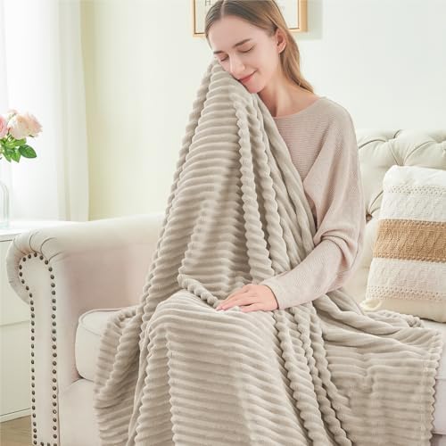 BEDELITE 3D Ribbed Linen Fleece Throw Blanket for Couch, 50x60 Inch