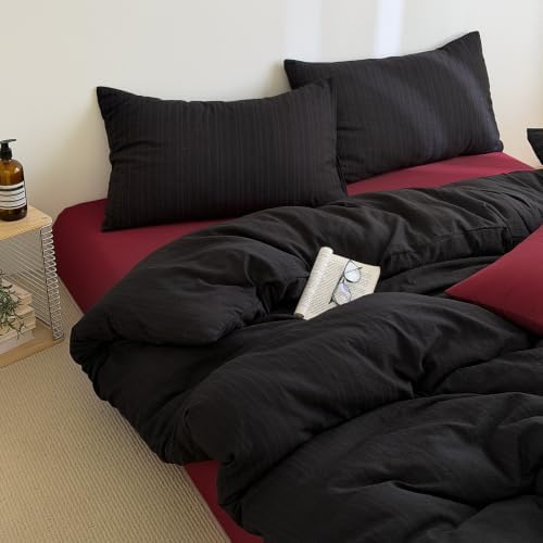 3Pcs Retro Black Stripes Textured Duvet Cover Set King Size, Zipper & Ties