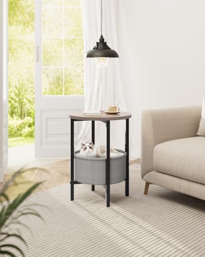 Vagusicc Small Round Side Table, Accent End Table with Fabric Basket, Drink Table Coffee Table for Small Spaces, Sofa Corner Table,Bedside Table,Modern Nightstand for Living Room, Bedroom, Gray