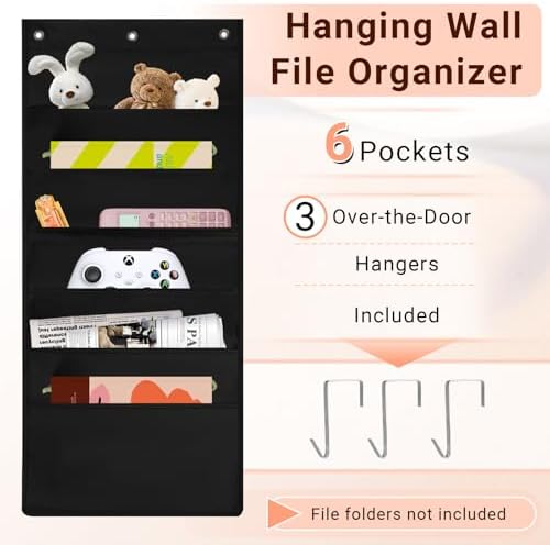 6-Pocket Hanging Wall File Organizer with 3 Hangers, Black Storage Pocket Chart for Door, Wall Folder Organizer, Perfect for Home, Office, Classroom