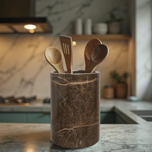 Handmade Marble Utensils Holder for Kitchen Utensil Storage and Tabletop - Organizer for Countertops, Pantry, Bathroom, Flower vase, Office & Center Table (Coffee Brown)