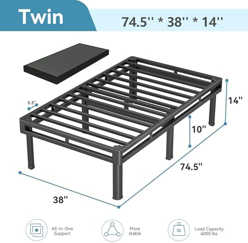 14" Twin All-in-One Box Spring, Metal Mattress Foundation with 9 Legs