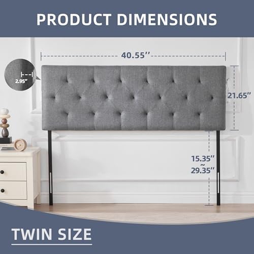 Linen Headboard Twin Size, Adjustable Height Headboard 37-51 in, Light Gray