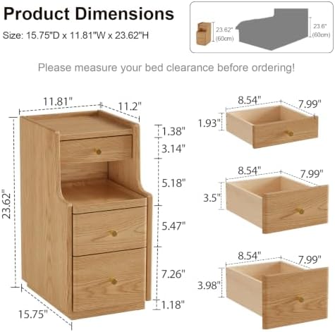AQIMUELE Solid Wood Narrow Nightstand with 3 Drawers,Light Wood Color 11.8"