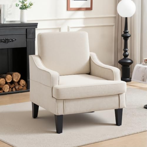 Accent Chair for Living Room,Mid-Century Arm Chair Fabric Living Room Chairs,Upholstered Reading Chair for Bedroom,Single Sofa Chair with Wood Legs for Apartment (Beige)