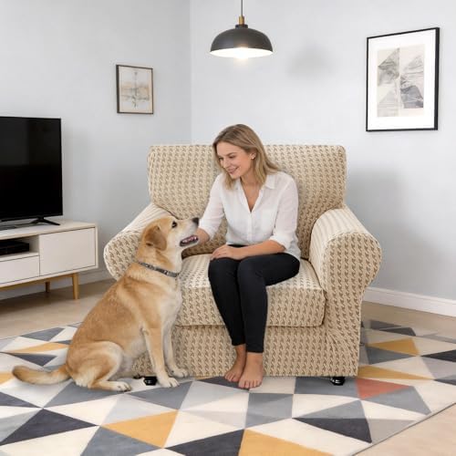 MAXIJIN 2 Pieces Stretch Chair Cover Armchair Covers for Living Room Thick Soft Chair Slipcovers with Arms Dogs Pet Single Sofa Couch Protector with Elastic Bottom (Khaki, 31"-46")