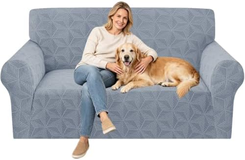 ZNSAYOTX Stretch Couch Cover, 1 Piece Sofa Covers for 2 Cushion Couch, Jacquard Loveseat Slipcovers with Elastic Bottom Thickened Furniture Protector for Dog Cat Pet (Medium, Light Grey)