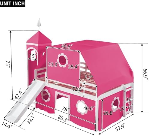 Full Size Castle Loft Bed with Slide & Pink Tent and Tower, Playhouse Design Spacious Under Bed Space with Curtains, Wood Tent Bed Frame for Kids Boys Girls(Pink,Full)