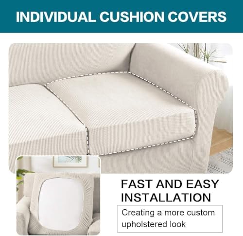 Turquoize 4 Piece Sofa Covers for 3 Cushion Couch Sofa Slipcover Soft Couch Cover for Dogs Washable Furniture Cover with 3 Individual Large Cushion Covers Feature Fabric (Large Sofa, Ivory)