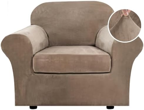H.VERSAILTEX Rich Velvet Stretch 2 Piece Cover Chair Slipcover Sofa Cover Furniture Protector Couch Soft with Elastic Bottom Chair Couch Cover with Arms Width Up to 49 Inch(Chair,Camel)