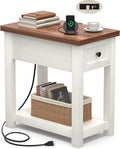 Farmhouse Narrow End Table with Charging Station for Couch, 13.8" Wide