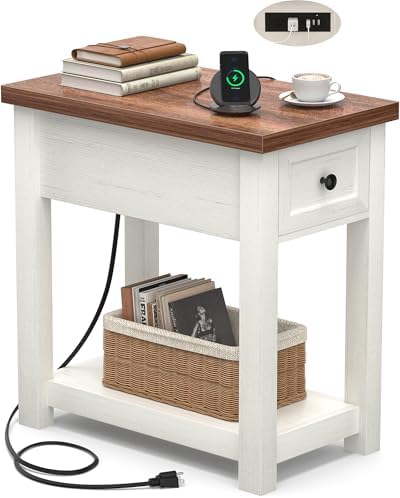 Farmhouse Narrow End Table with Charging Station for Couch, 13.8" Wide