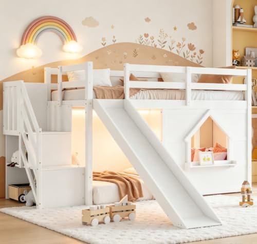 Bellemave Twin Low loft/bunk Bed with Slide and Storage Staircase LED for Kids,Wood Loft Beds,White