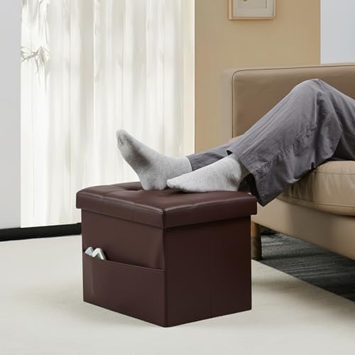Bsketa Storage Ottoman Bench,17 Inch Folding Leather Foot Rest Stool, Brown