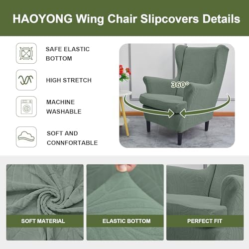 HAOYONG Waterproof Wing Chair Slipcovers Stretch Wingback Chair Covers 4 Pieces Wingback Armchair Removable Slipcover Chair Slip Covers Washable Armchair Protector Cover for Living Room and Bedroom