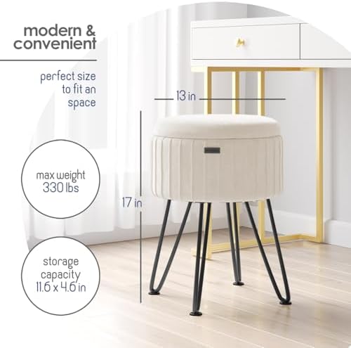 Round Ottoman with Storage, Pleated Velvet Storage Ottoman, Foot Stool Ottomans, Makeup Vanity Stool, Small Ottomans Foot Rest, Modern Vanity Stools for Living Room and Bedroom, Cream