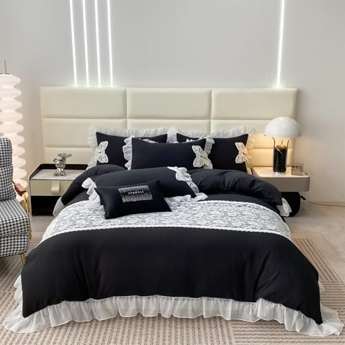 MOOWOO Ruffled Bedding Bow Duvet Cover -Twin Size Black Chic Lace Bedding Set with Cute Bowtie-2 Pieces Soft Comforter Cover Set with Zipper Closure-No Comforter-Black,Twin Size