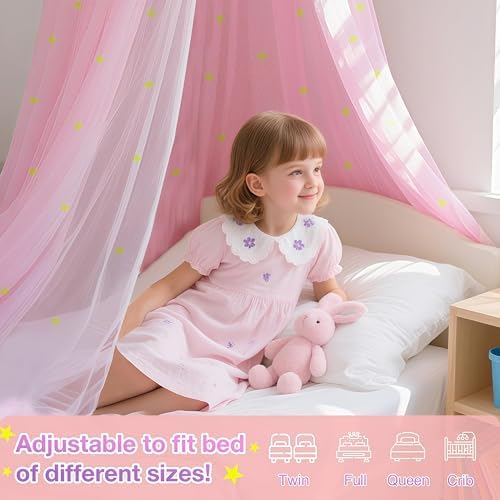 Pink Princess Bed Canopy for Girls with Glowing Stars, Canopy Bed Curtains for Twin, Full, and Queen Sizes; Ceiling Tent for Reading Nooks, Mosquito Net for Indoor Room Decor and Outdoor Use