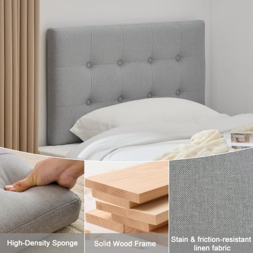 Linen Tufted Headboard Twin Size, Solid Wood Twin Headboard Only, Grey