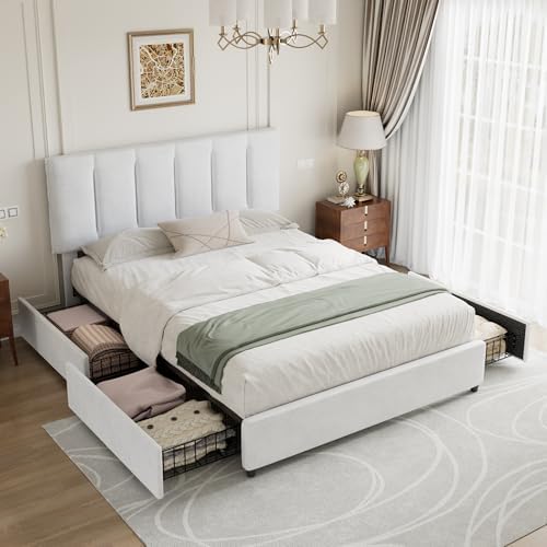 VECELO Full Size Bed Frame with 4 Storage Drawers, Adjustable Height Headboard, Heavy-Duty Platform Bedframe with Strong Wooden Slats, No Box Spring Needed, Velvet & White