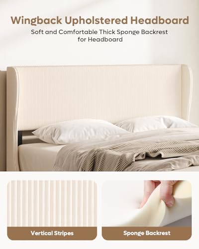 Bestier Queen Bed Frame with Wingback Headboard,Upholstered,Beige