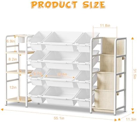 Toy Storage Organizer with 4-Tier Bookshelf, 57" Extra Wide Kids Toy Storage Shelf with 12 Bins, Large Metal Kids Bookcase for Playroom Organization and Nursery Room Decor, White