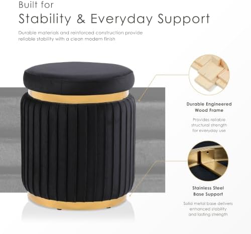 Furniture of America Magnus Modern 15-inch Upholstered Round Ottoman with Gold Trim and Stainless Steel Base, Vanity Stool Chair, Small Foot Stool for Bedroom, Living Room, Entryway, Black