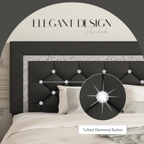 HOMBCK Full Size Bed Frame, Upholstered Platform Bed with Headboard, Black