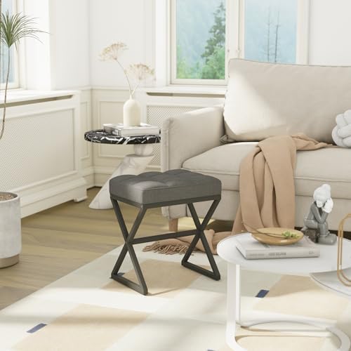 YMYNY Vanity Stool, Linen Footrest, Ottoman Bench with X-Shaped Metal Legs, Makeup Dressing Stool for Vanity, Living Room, Bedroom, Entryway, Hallways 15.74" D×11.81" W×18.11" H Grey UHBD033G