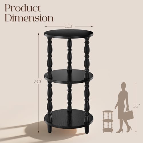 Yoobure Small Round Side Table - 3-Tier End Table with Storage Shelf, Narrow Bedside Table Nightstand for Bedroom, Accent End Tables Living Room, Wood Side Tables for Small Spaces, Office, Black