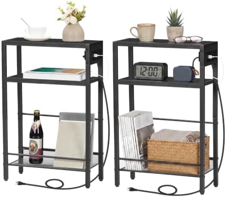 HOOBRO Small Narrow Side Table with Charging Station Set of 2, Skinny End Table for Small Spaces, Slim Nightstand with USB Ports Outlet, Sofa Beside Table with Storage Shelf BB102UBZP201