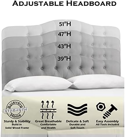 Rosevera Givanna Adjustable Height Headboard with Linen Upholstery and Button Tufting for Bedroom, King, Light Gray