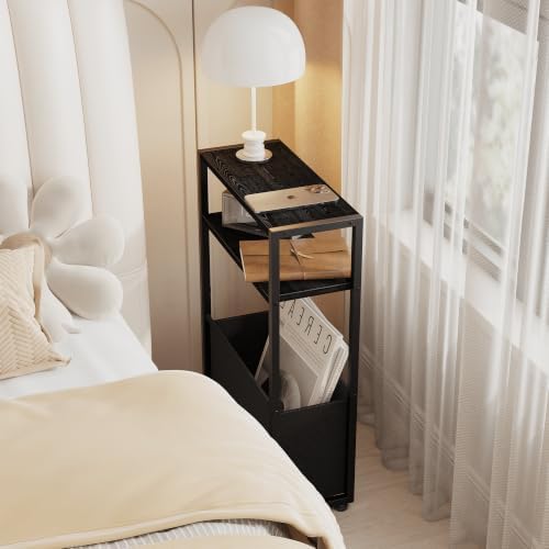 Leomonio Narrow Side Table, Slim Night Stand with Magazine Rack