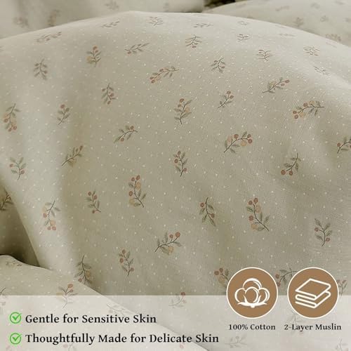 King Size Green Floral Duvet Cover Muslin 100% Cotton Rustic Aesthetic Comforter Cover,All Season Comfy Breathable Bedding Set with Zipper Closure.1 Duvet Cover and 2 Pillowcases