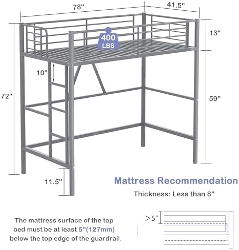 VECELO Loft Bed Twin Size, Metal Bedframe with Removable Ladder and Safety Guardrail, No Box Spring Needed, Space Saving, Noise Free, Light Grey