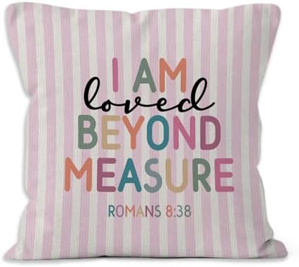 Boho Inspirational Christian Nursery Throw Pillow Cover 18x18, Religious Bible Verse Decorative Pillow Covers for Kids Girls Room Bedroom Playroom, Pink Striped Accent Pillows Cover Pillowcases