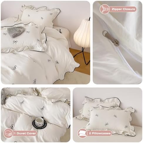 Bow Embroidery Twin Duvet Cover 3Pcs Vintage Ruffled Bedding, Zipper & Ties