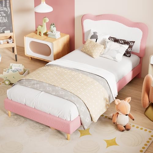 Garvee Full Bed Frames for Kids with Soft headboard, Velvet Low Bed Frame for Girls, Boys, No Box Spring Needed, Wooden Slats, Noise Free, Sturdy, Easy Assembly, Pink, White