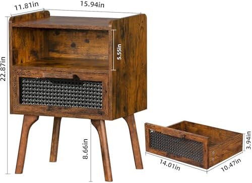 Lerliuo Rattan Nightstand, Boho Side Table with Drawer Open Shelf