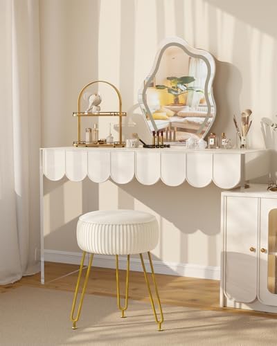 IBUYKE Makeup Vanity Stool, Velvet Round Footrest Ottoman, White LG-30M