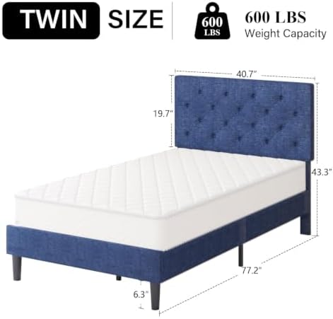 HOMBCK Twin Size Bed Frame with Adjustable Headboard, Blue