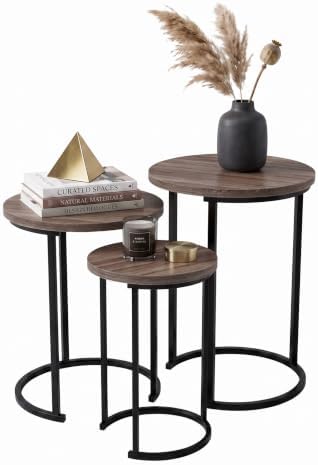 Lavish Home Round Nesting Tables Set of 3, Woodgrain-Look Top, Gray-Brown