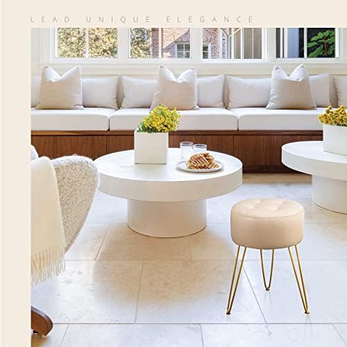 LUE BONA Faux Leather Vanity Stool Chair for Makeup Room, Almond Stool for Vanity, 19” Height, Tufted Small Vanity Chair Stool with Metal Legs, Modern Foot Stool Ottoman for Bedroom, Living Room