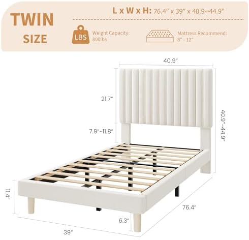 Twin Bed Frame with Adjustable Headboard, Velvet Upholstered Platform Bed