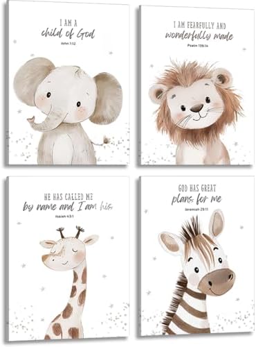 4Pcs Nursery Bible Verse Animal Canvas Wall Art Funny Cute Safari Animals Christian Painting Picture Wall Decor Lions Elephant Giraffe Zebra Poster Print Artwork for Boys and Girls Home Decoration