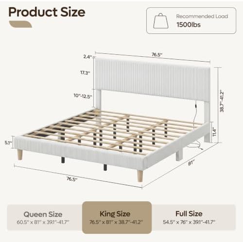 Bestier King Size Bed Frame with Headboard LED Light,Upholstered,Light Grey