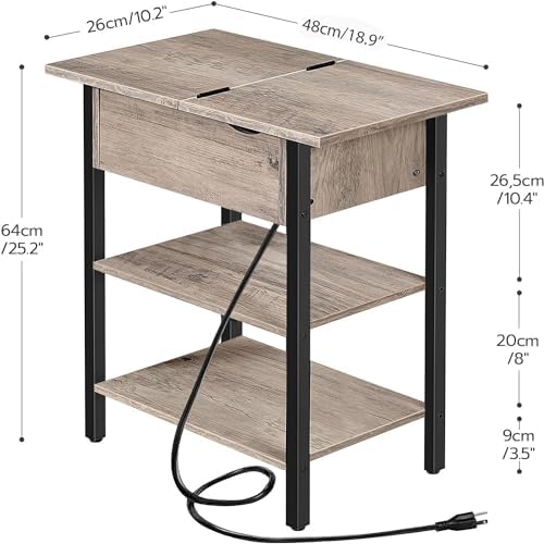 HOOBRO Side Table, Flip End Table with Charging Station and Shelves, USB Ports & Power Outlets, Narrow Nightstand for Small Spaces, Living Room, Stable and Sturdy, Greige and Black BG341BZ01