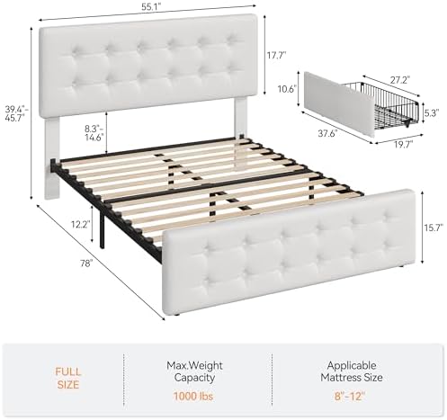 IDEALHOUSE Full Size Bed Frame with 4 Storage Drawers and Headboard, White