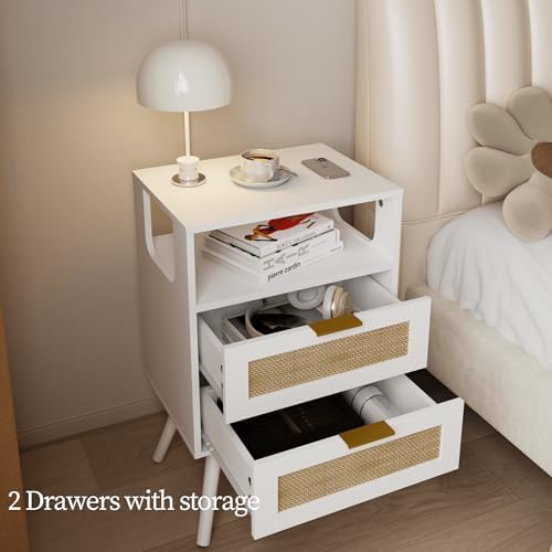 JOONEE Rattan Nightstand,Farmhouse Bedside Table with 2 Storage Drawer and Open Wood Shelf, for Bedroom and Small Spaces,Night Stand with Solid Wood Legs (White)